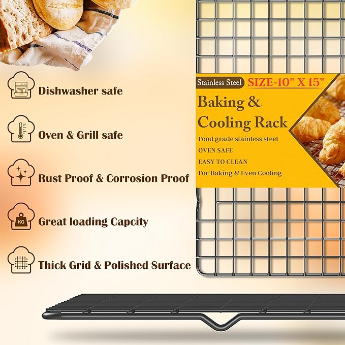 2PCS Cooling Racks for Cooking and Baking - 10" x 15"Heavy Duty Stainless Steel Wire Rack for Baking, Grilling, Roasting - Oven & Dishwasher Safe - Fits Jelly Roll Sheet Pan（Black）