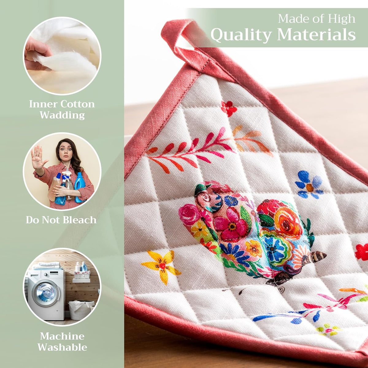 Maison d' Hermine Pot Holders 100% Cotton Heat Resistant Potholders 8" x 8" Hot Pads with Loop BBQ, Cooking, Grilling, Kitchen, Handling Hot Pans Spring/Summer (Pack of 1, Happy Florals - High Summer)