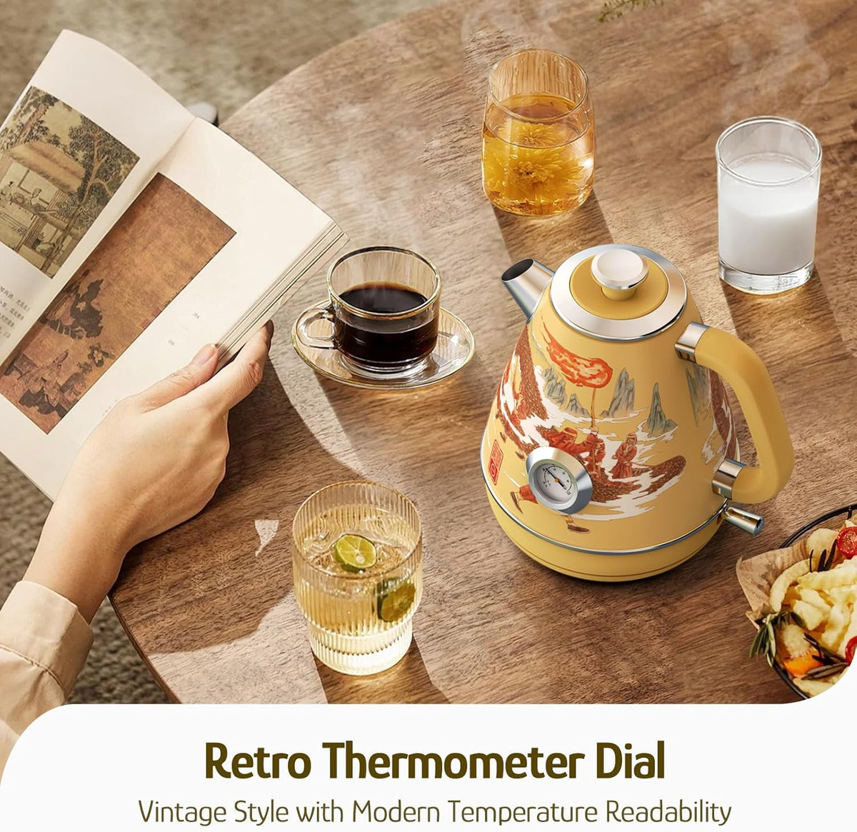 Hazel Quinn Retro Electric Kettle - 1.7 Liters / 57.5 Ounces Tea Kettle with Thermometer, All Stainless Steel, 1200 Watts Fast Boiling, BPA-free, Cordless, Automatic Shut Off - Dragon Dance