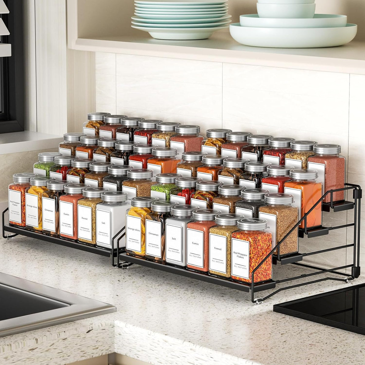 4 Tier Spice Rack Organzier, Spice Rack for Cabinet, Adjustable Depth Seasoning Shelf for Countertop, Pantry, Seasoning Organizer, Metal, Black (2 Pack)