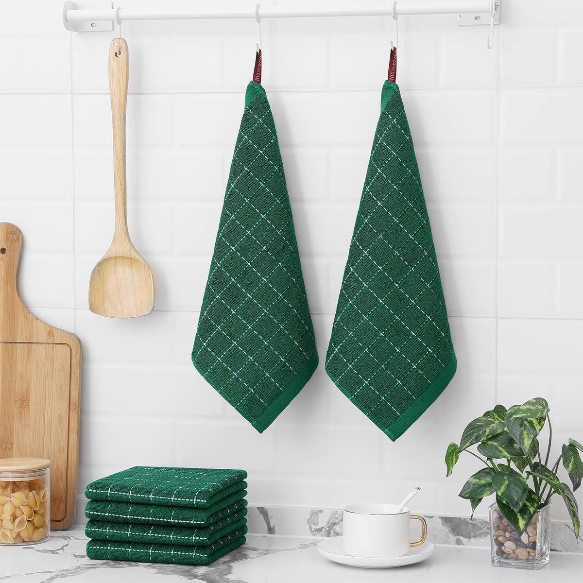 Homaxy 100% Cotton Terry Kitchen Dish Cloths, Ultra Soft and Absorbent Dish Towels for Kitchen, Perfect for Drying and Washing Dishes, 8 Pack, 12 x 12 Inches, Dark Green