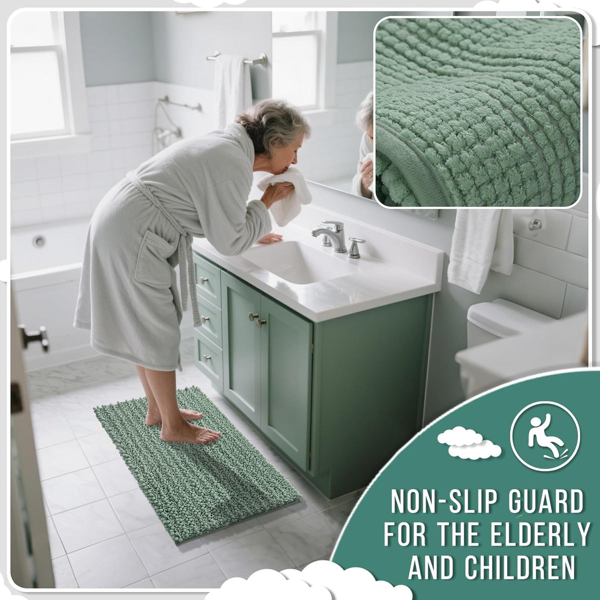 Yimobra Bathroom Runner Rug 55x24 Inch - Extra Long Non Slip Chenille Bath Mat, Soft & Absorbent, Machine Washable Shaggy Hallway Carpet for Vanity Tub Shower, Green Home Decor Accessories