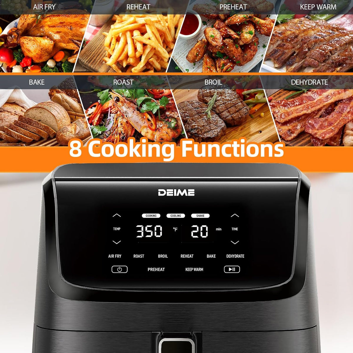 DEIME Air Fryer 7.2 QT 1700W Oilless Oven Healthy Cooker Air Fryers Large Capacity with 8 Presets, Visible Cooking Window, LCD Touch Screen, Customerizable Cooking, Non-Stick Basket (Black)