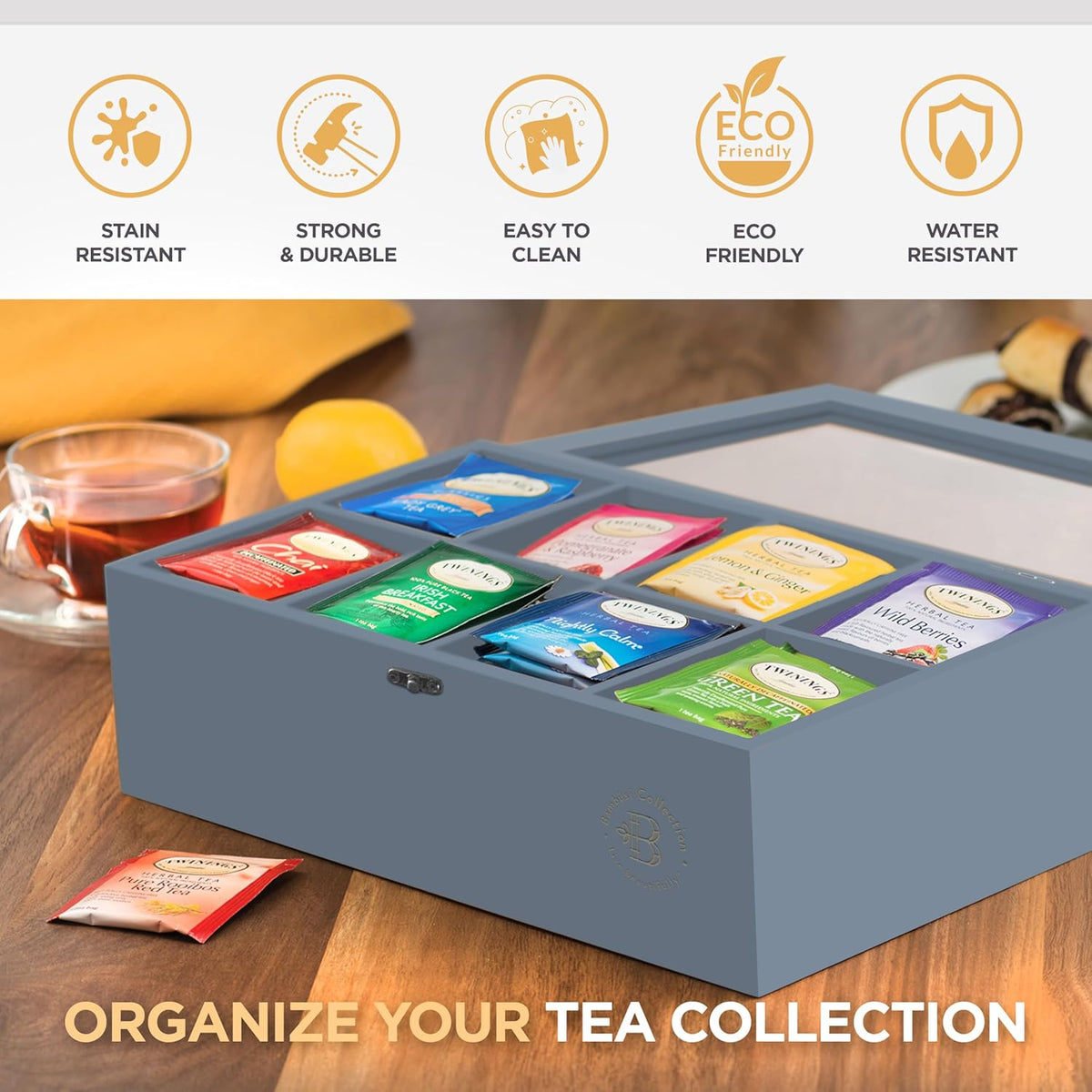 Bambsi Tea Bag Organizer - Bamboo Tea Box Organizer Storage Box, Tea Bag Holder with Acrylic Window, Magnetic Lid Keeps Tea Bags Fresh - Tea Organizer Caddy (Tea Not Included) Christmas Gift - Grey