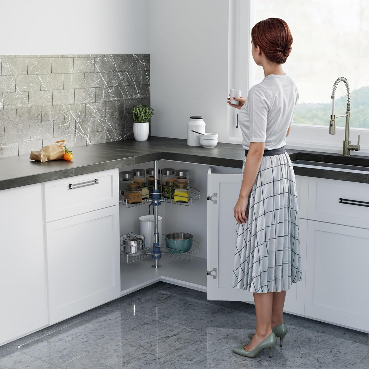 Dowell 24" Kidney Lazy Susan, 2 Shelves, Kitchen Base Corner Cabinet Organizer (Chrome 4001 270 24)