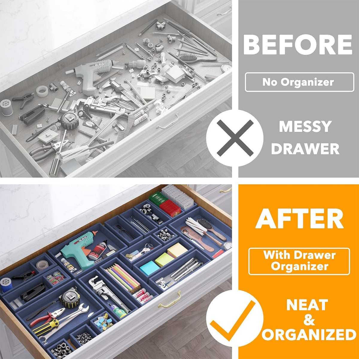 SpaceAid 21-Piece Bamboo Drawer Organizer Storage Boxes Set, Wood Tray Junk Drawer Organizers Multi-Use Divider Bins for Kitchen, Bathroom, Office Desk and Makeup Organization (21 Pack, Navy Blue)
