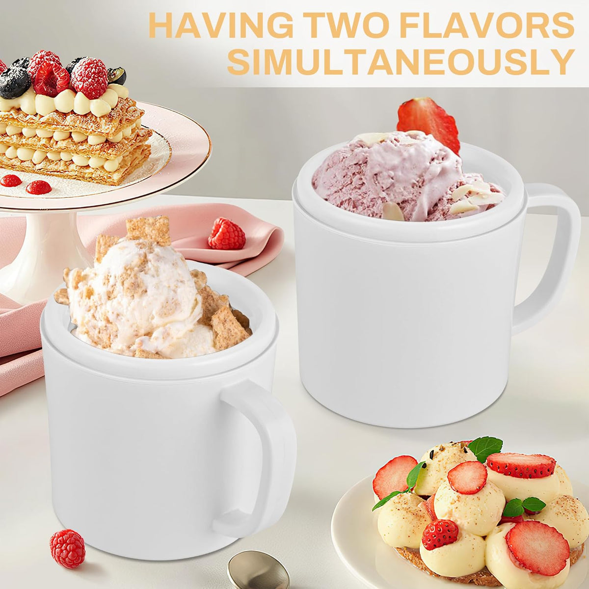 Pukomc Ice Cream Maker Machine for Home Use, with Two Ice Cream Bowls,Simple Operation and Easy to Clean,White