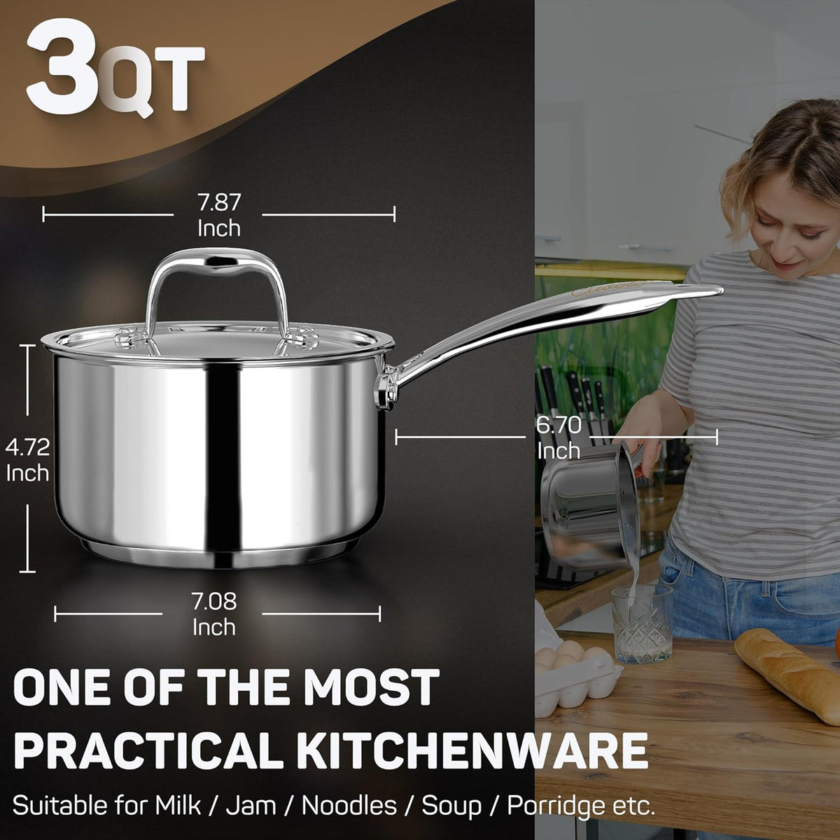 3 Qt Saucepan with Lid - Upgraded Package - 3 Quart 18/10 Stainless Steel Sauce Pan with Mirror Polishing and 2 Sacles, Induction Cookware, Small Pot for Cooking, Dishwasher Safe Oven Safe