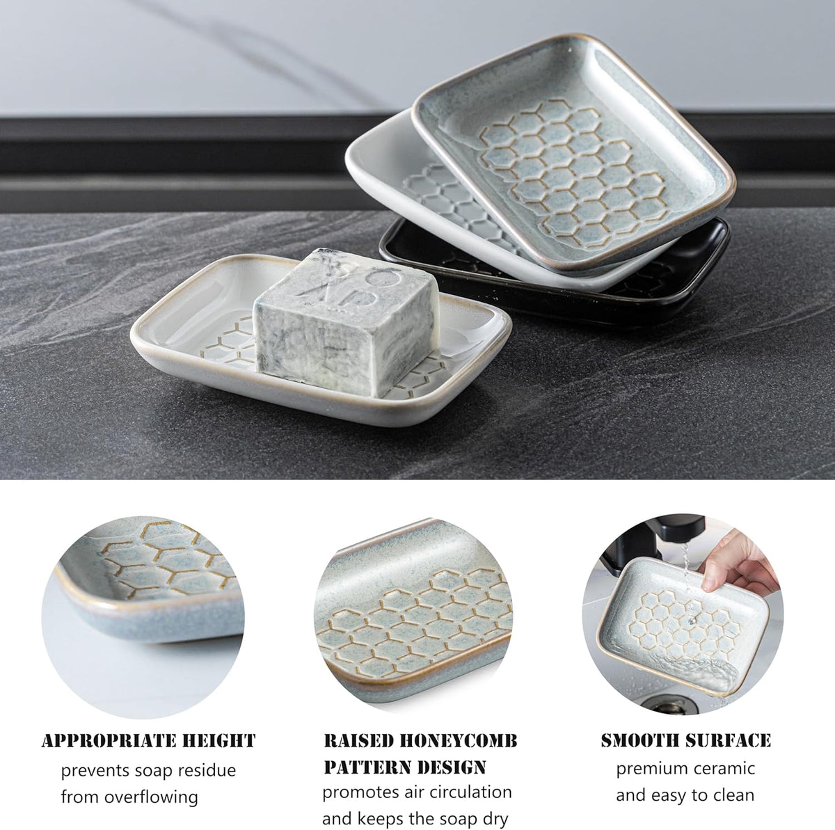 Gomakren Soap Dish for Shower, Bar Soap Holder, Ceramic Soap Dishes for Bar Soap, Sponge Holder Soap Saver Soap Tray for Bathroom Kitchen Sink, 5.5 Inch, Gray