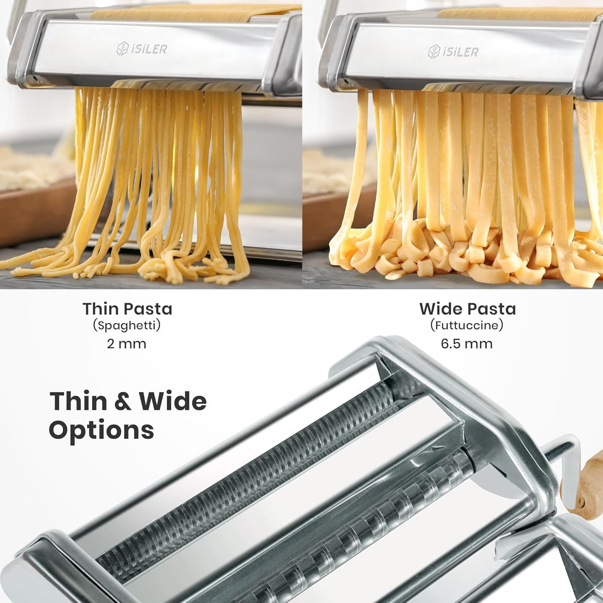 ISILER Pasta Maker, 9 Adjustable Thickness Settings 2-in-1 Pasta Machine with Rollers and Cutter, Noodle Maker for Pasta, Dumpling Skin, Spaghetti, Fettuccini, Lasagna