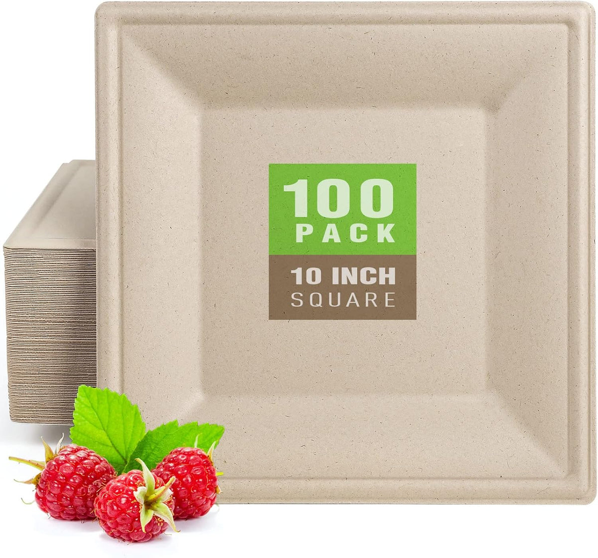 Gezond 100 Pack Compostable Square Plates 10 Inch Disposable Paper Plates Sugarcane Square Dinner Plate Unbleached Eco-friendly Large Plate for Party