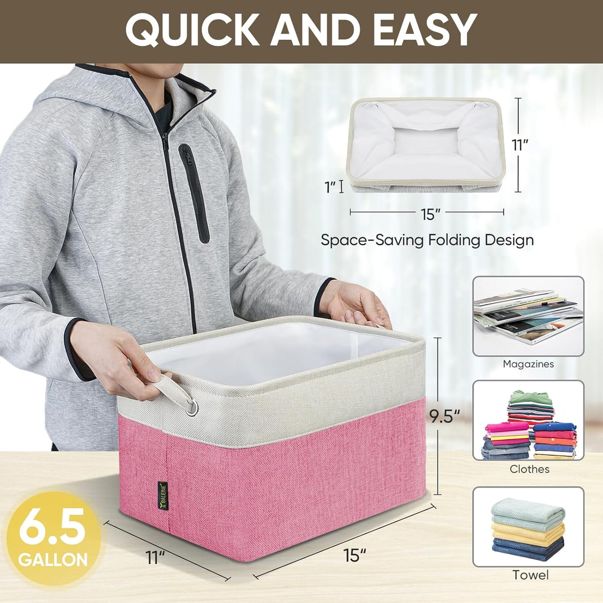 BALEINE 4 Pack Fabric Storage Bins for Shelves, Linen Storage Baskets for Organizing, Decorative Closet Bins for Clothes, Home (Pink, 15''x11''x9.5'')