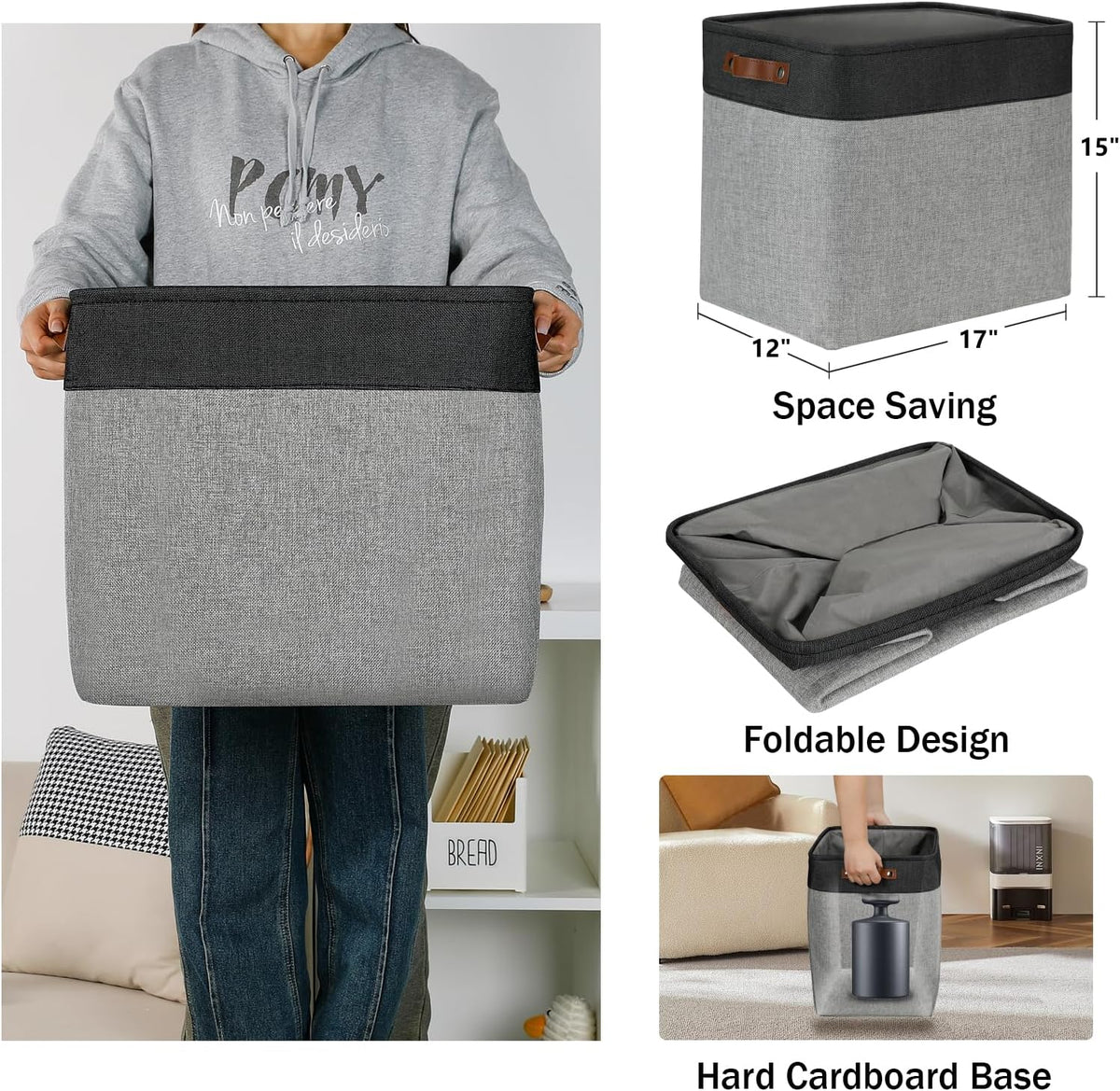 DULLEMELO Grey Storage Baskets for Organizing 3 Pack Fabric Shelf Baskets for Gifts Empty Large Storage Organizer for Closet,Clothes,Toys,Bedroom (Black&Grey)