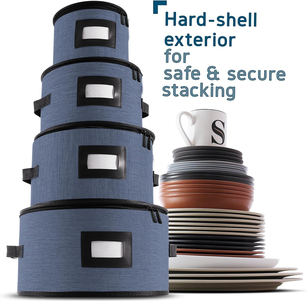 Fine China Storage Containers Hard Shell, 4 Piece Dish Storage Containers, Quilted Plate Containers, Stackable Dish Organizer with Dividers, Dinnerware Storage for Moving and Seasonal Storage, Blue