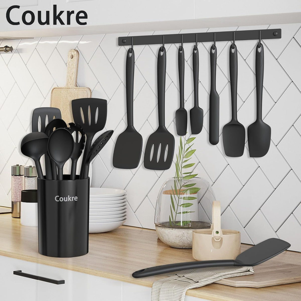 Coukre Silicone Kitchen Cooking Utensils Set with Holder – Heat-Resistant, Food-Grade Kitchen Tools, Spatula, Spoon & Gadgets for Non-Stick Pans, Dishwasher Safe (14, PureBlack)