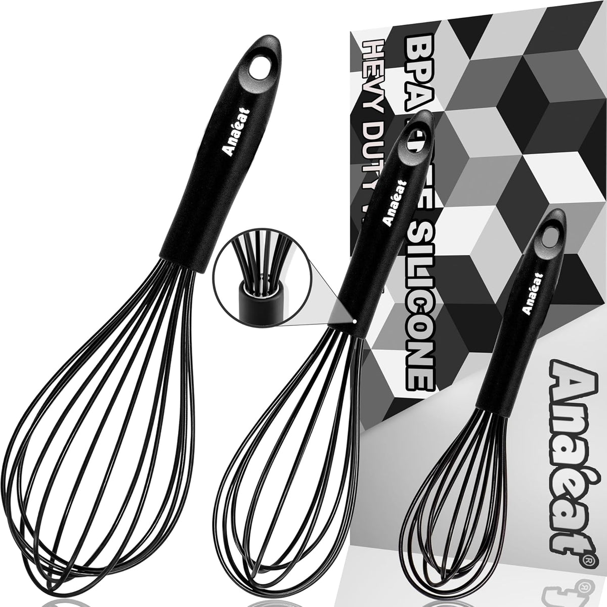 Anaeat Silicone Balloon Whisk, Perfect for Non-Stick Cookware, Milk and Egg Beater Blender, Heat Resistant Kitchen Whisks for Whisking, Cooking, Baking, Beating, Frothing & Stirring (Black)