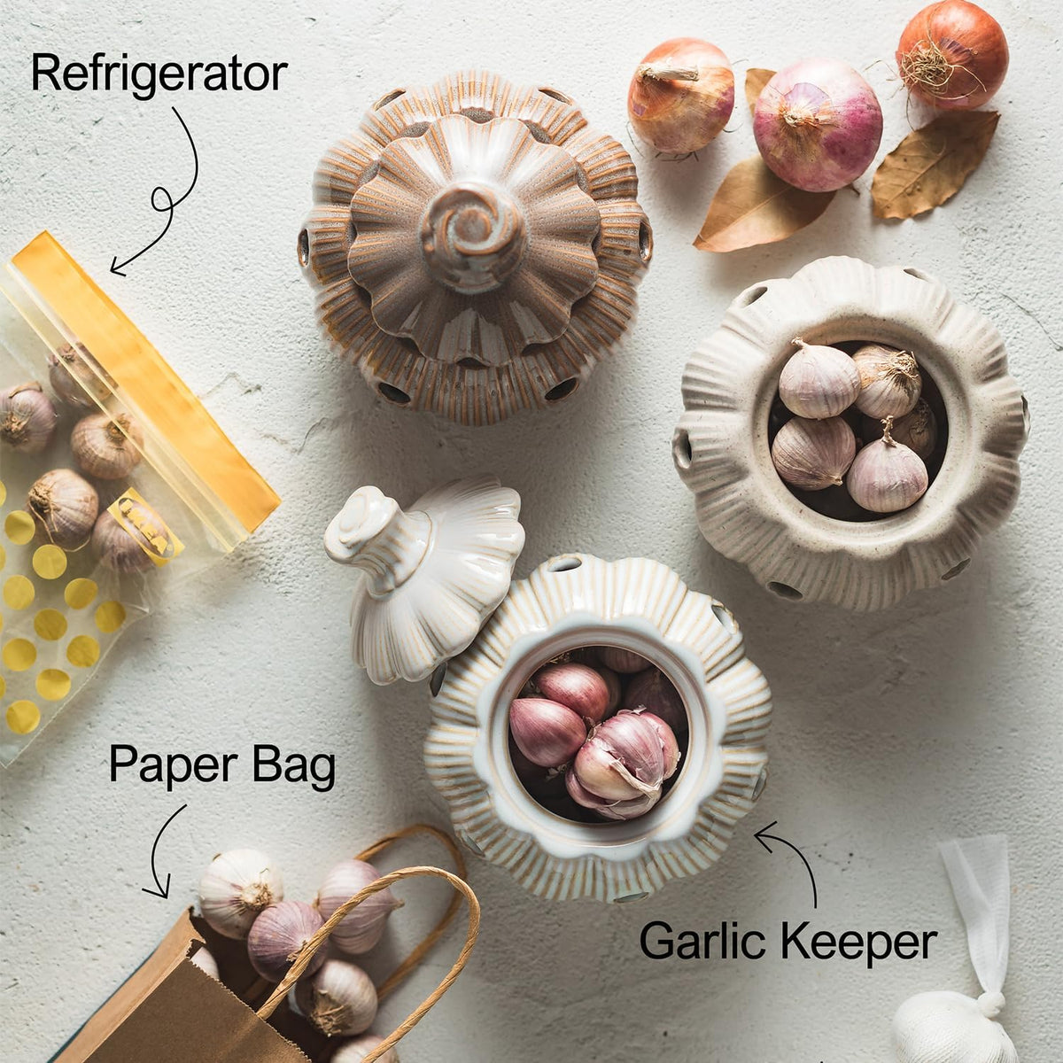 Garlic Storage Pod Ceramic Garlic Keeper with Lid Large Garlic Container for Counter, White