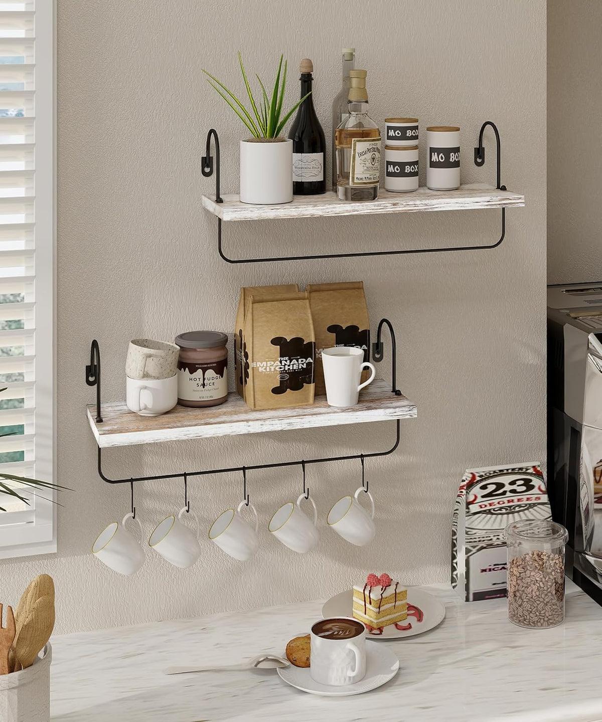 Coffee Mug Holder, Coffee Bar Shelf with Hooks Wall Mount Cup Organizer Mug Racks Pods Storage Hanger Farmhouse Kitchen Decor, White