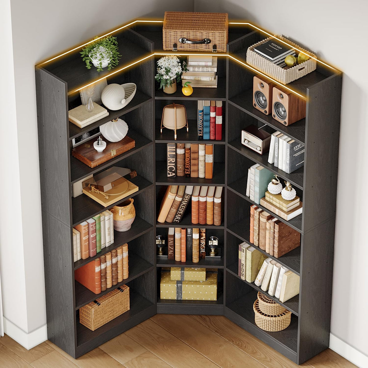 IRONCK Corner Bookshelf, 7-Tier Bookshelf with Storage, Corner Bookcases with Baffles Etagere Shelf for Living Room Home Office Bedroom, Black