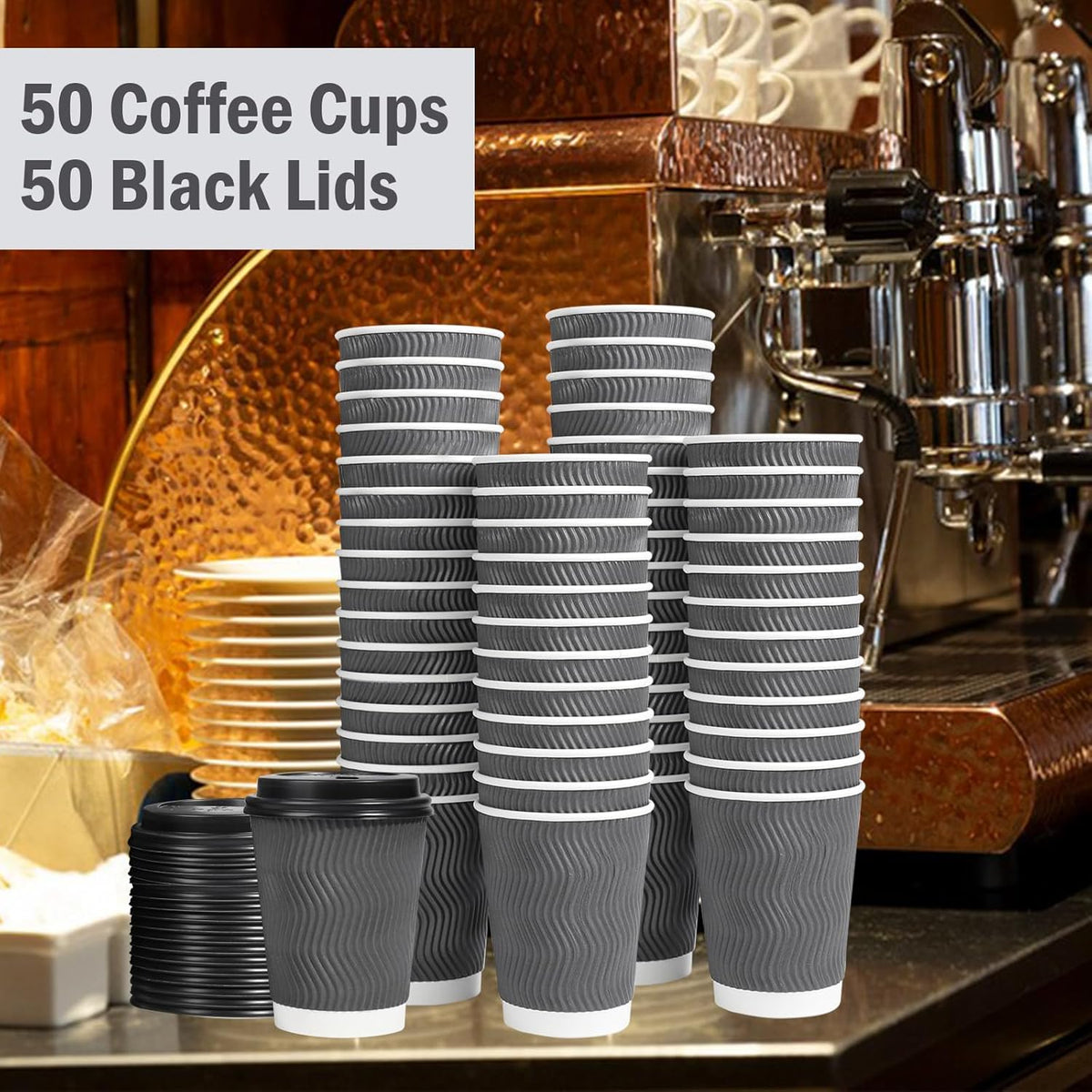 Lamosi 50 Pack - 12 oz Insulated Disposable Coffee Cups with Lids, To Go Paper Coffee Cups with Lids, Corrugated Ripple Wall Cup for Hot Drink Office Coffee Bar