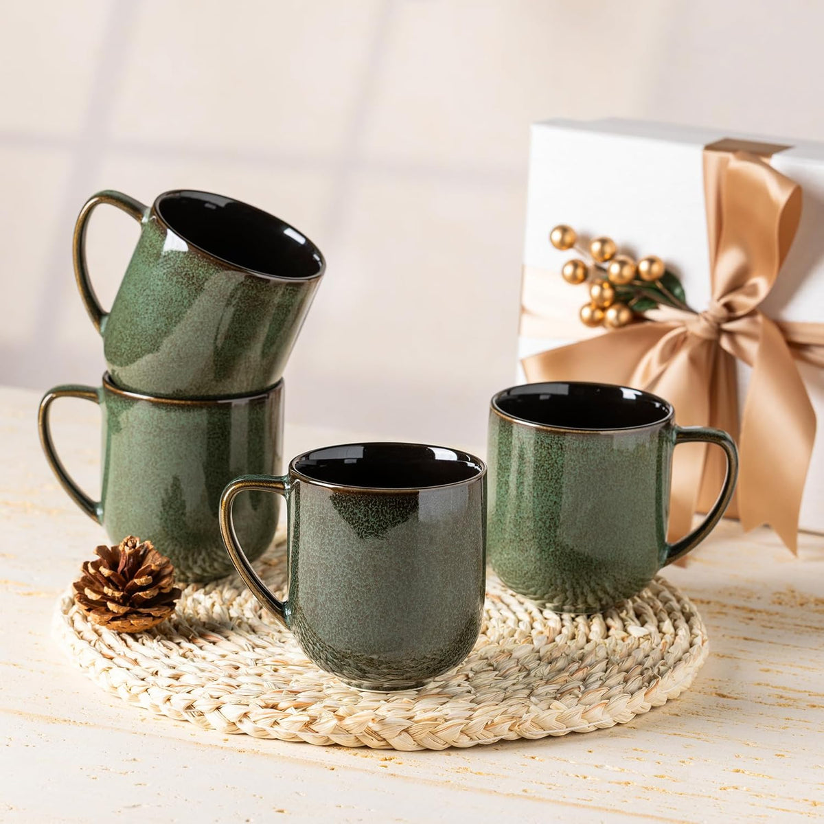 LERATIO 12OZ Ceramic Coffee Mugs Set of 6, Large Porcelain Coffee Cups With Large Handle For Latte,Cappuccino,Milk,Cocoa,|Dishwasher&Microwave Safe Mug Sets,Ideal for Man,Woman,Dad, Mom-Green