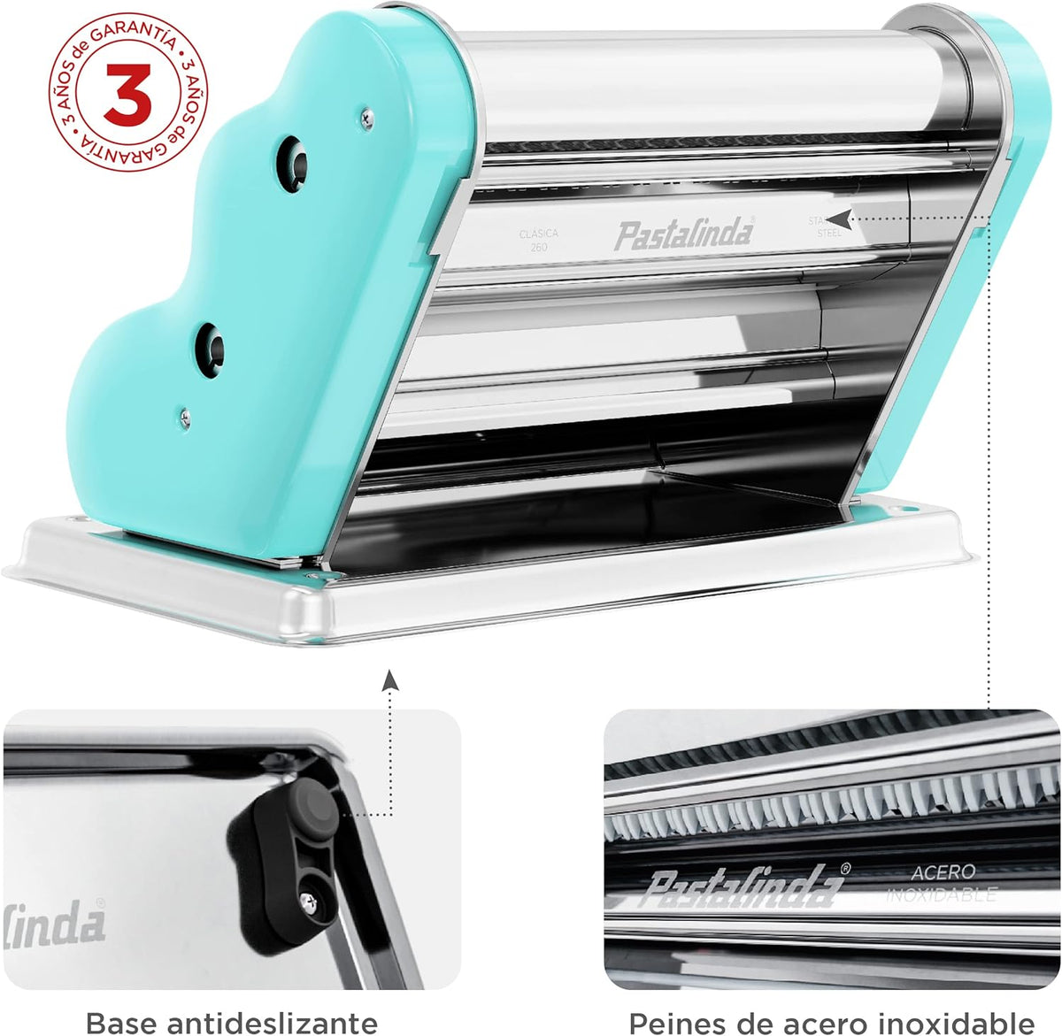 PASTALINDA Classic 260 Pasta Maker Machine, 26 cm Wide Rollers, 9 Thickness Positions, 2 Cutting Positions, Stainless Steel. Includes Reinforced Hand Crank And Two Clamps (Acqua)