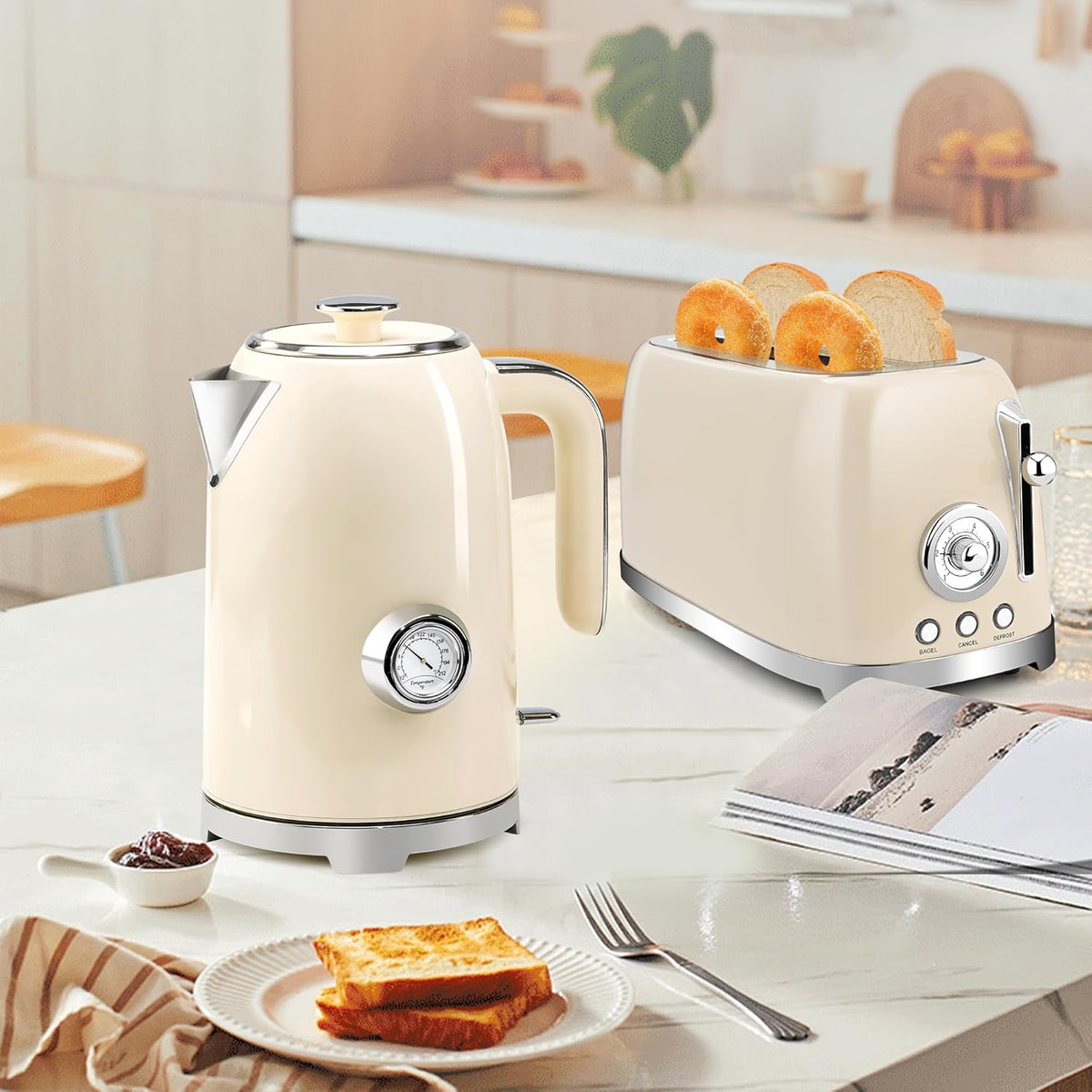 SUSTEAS Electric Kettle - 57oz Hot Tea Kettle Water Boiler with Thermometer, 1500W Fast Heating Stainless Steel Tea Pot, Cordless with LED Indicator, Auto Shut-Off & Boil Dry Protection, Beige