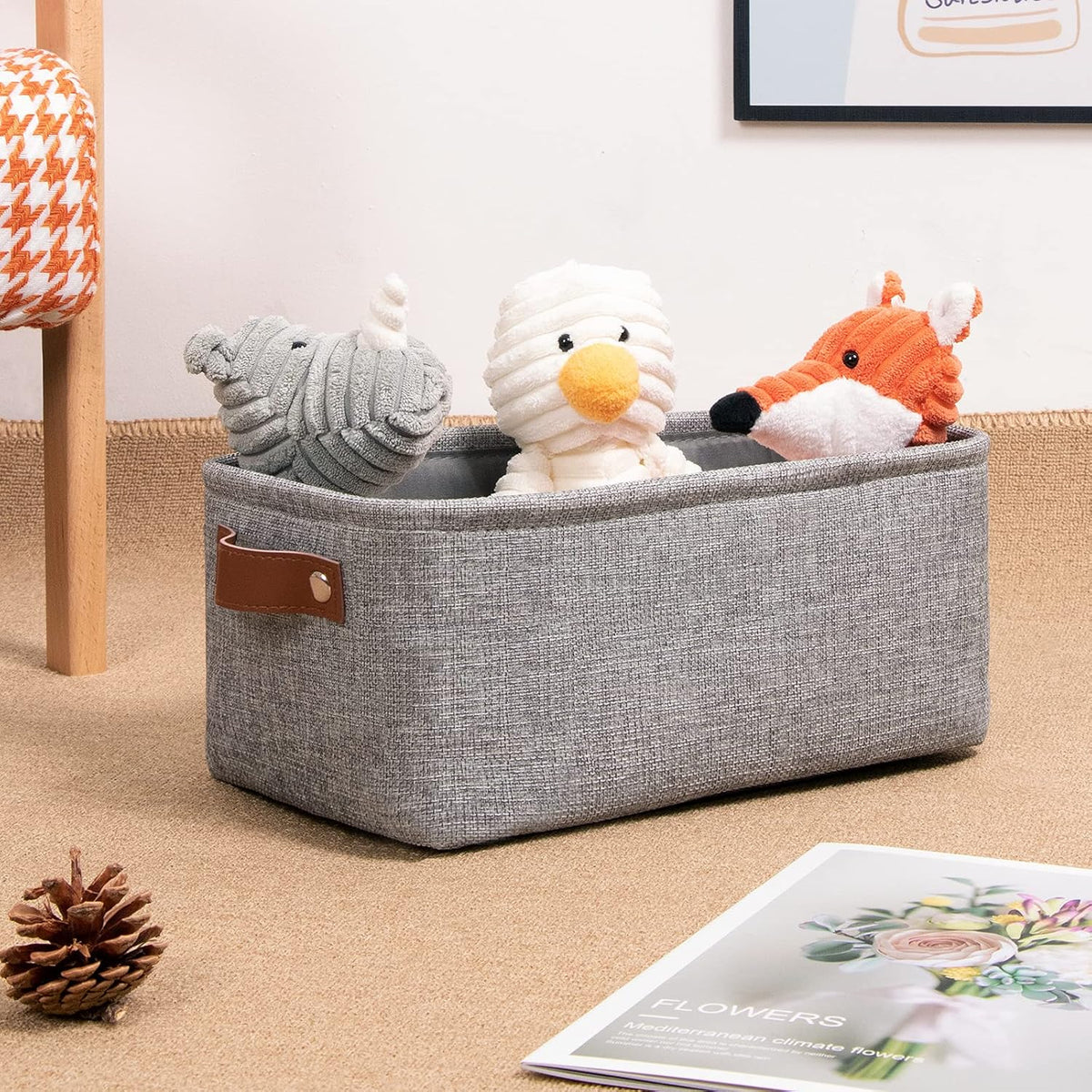 DULLEMELO Small Storage Baskets 11.8"x7.9"x5.1", Fabric Storage Bins for Shelves,Closets,Nursery,Home,Office [3 Pack], Collapsible Storage Baskets with Leather Handles (Gray)
