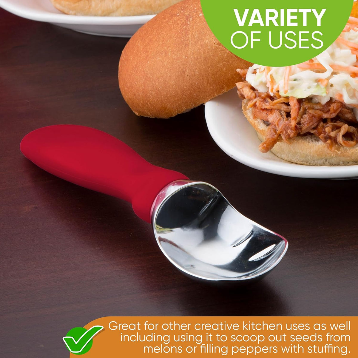 Spring Chef Red Heavy Duty Ice Cream Scoop with Non-Slip Handle, Professional Ice Cream Spoons for Gelato, Sorbet, Frozen Yogurt, Sorbet, Cookie Dough, Melon - Dishwasher Safe - 2 Pack