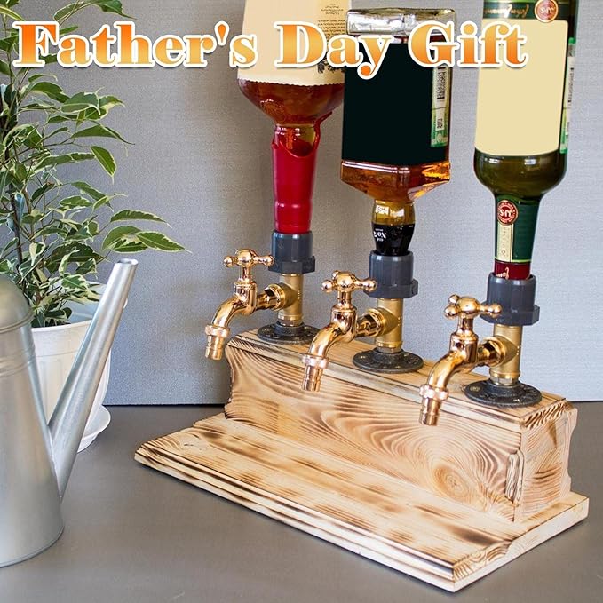 Wood Faucet Shaped Whisky Liquor Dispenser | Perfect Wine Alcohol Gifts for Men, Christmas Fathers Day Birthday Gifts for Father Grandfather Husband | Rustic Farmhouse Bar Home Decor (3 Faucet Style)