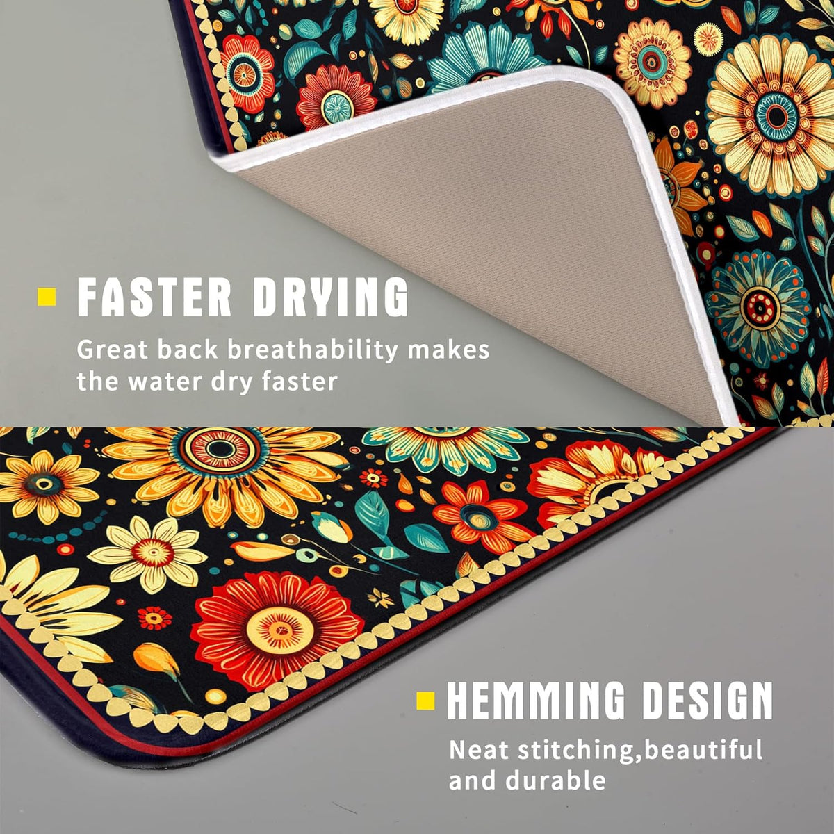 Bohemian Style Flowers Drying Pad Boho Floral Dish Drying Mat for Kitchen Counter Absorbent Microfiber Drainer Rack Mat