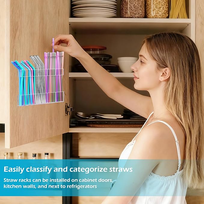 2Pack 9.5" Large Acrylic Straw Holder for Cabinet Door – Kitchen Cabinets Straws Organizer, Reusable Tumbler, Small Kitchens Accessories Storage Container (Transparent)