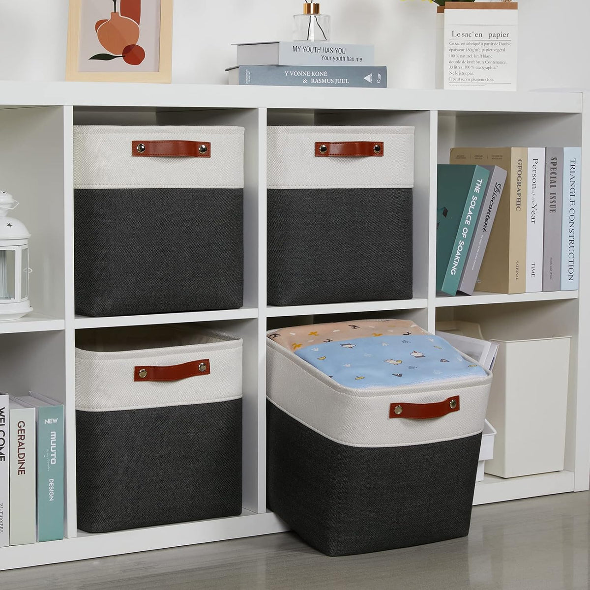 DULLEMELO Set Of 4 Cube Storage Bins, Fabric Storage Basket for Shelves Closet Nursery Toy Storage, 12 Inch Collapsible Fabric Bins for Toy Book Magazine Towel Organizers(4 Pack - 12" White&Black)