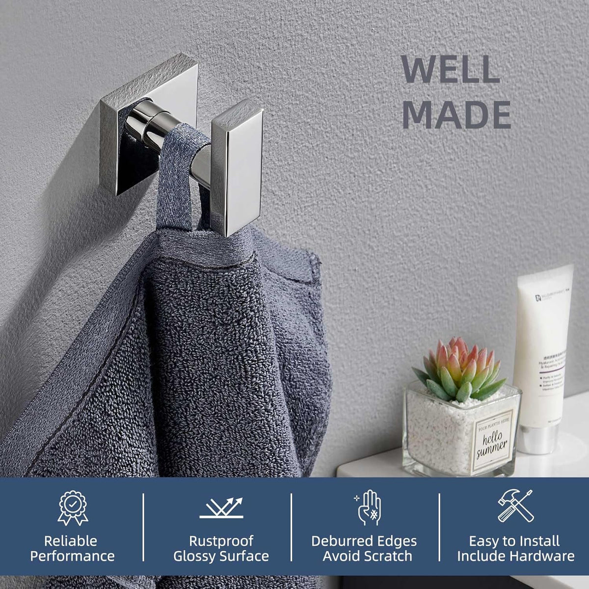 Angle Simple Towel Hook for Bathroom, SUS 304 Stainless Steel Robe Coat Hook, Hand Towel Holder Wall Mounted, Polished Chrome
