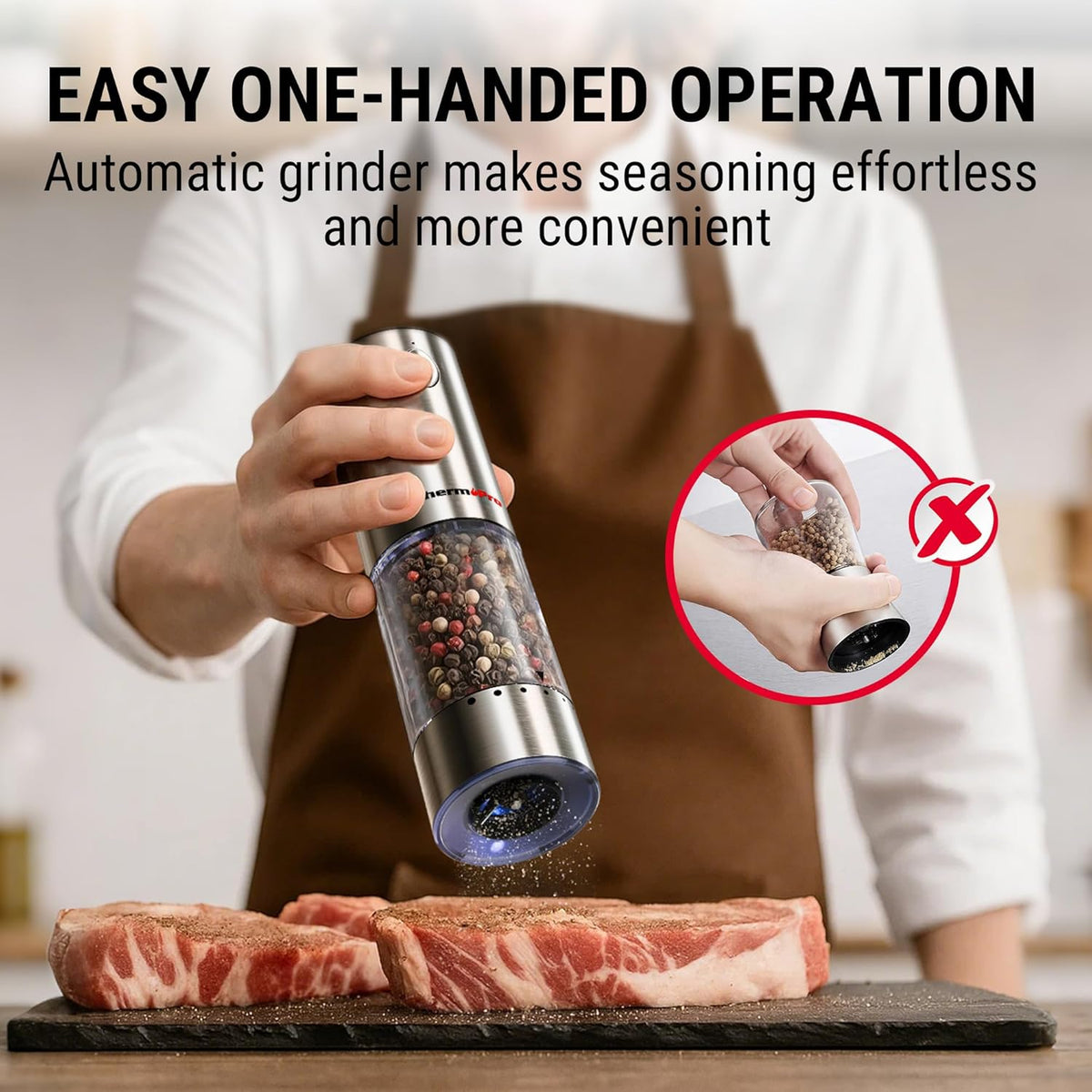 ThermoPro 110ml Electric Salt and Pepper Grinder Set Rechargeable, Automatic Pepper Grinder Shakers with External Adjustment, Refillable Pepper Mill Set with Dust Cover & LED, Stainless Steel 2-Pack