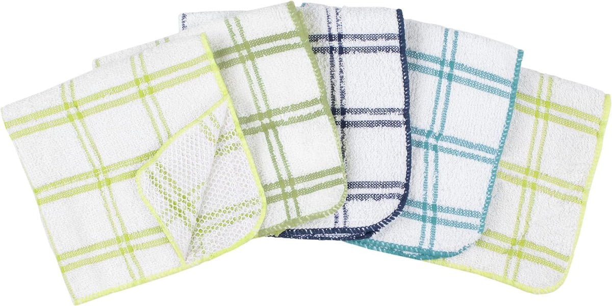 Ritz 100% Cotton 12-inch x 12-inch Kitchen Dish Towel, Gentle Cleaning Wash Cloth with Poly Scour Side, Blue/Green, 5-Pack
