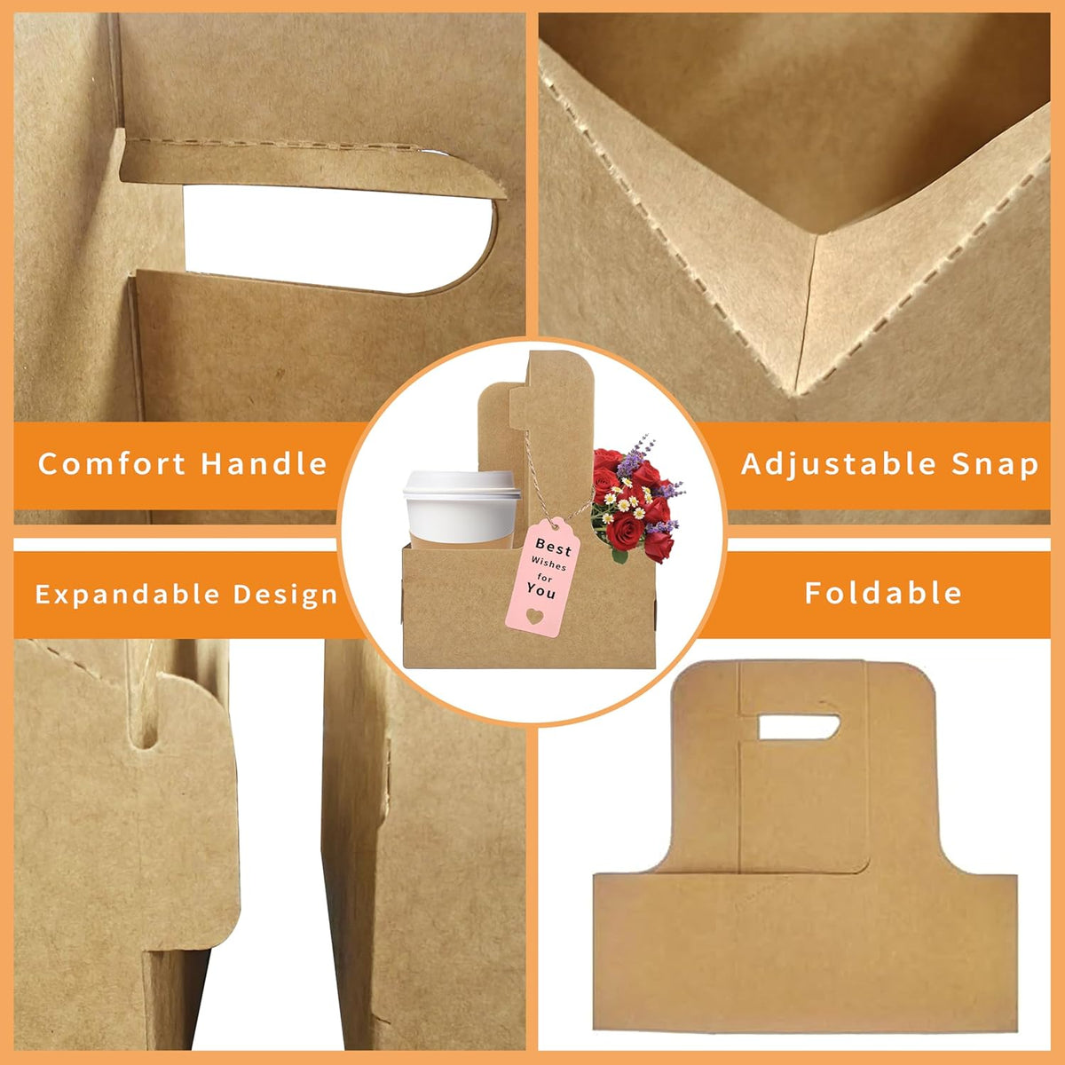 2 Cup Drink Carrier,8 Pack Coffee Cup Holders with Handle,Cardboard Cup Holders for Hot or Cold Drinks,Coffee Carrier with Ribbon and Card,Food Delivery Services and Bouquet(Kraft)