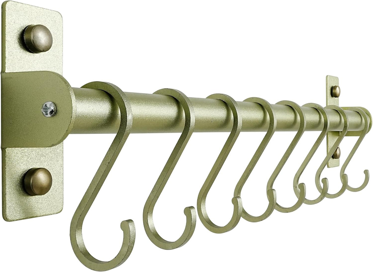Dseap Kitchen Utensil Holder Hanger, Pot and Pan Rack Wall Mounted, Kitchen Rail with 8 Hooks for Hanging Cooking Utensils, Mugs, Spoons, Wall Mounted, Champagne Color