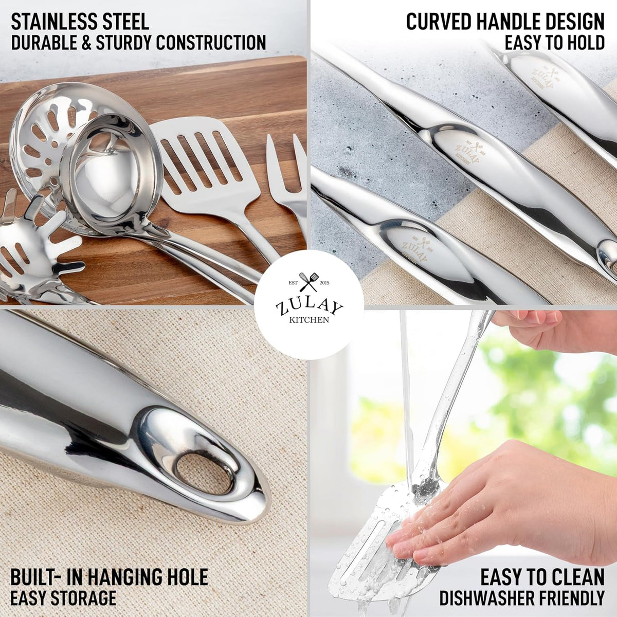 Zulay Kitchen Stainless Steel Cooking Utensil - Stainless Steel Kitchen Utensil - Durable Kitchen Gadgets - Metal Kitchen Accessories - Easy to Clean Kitchen Tools - 5 Piece Set