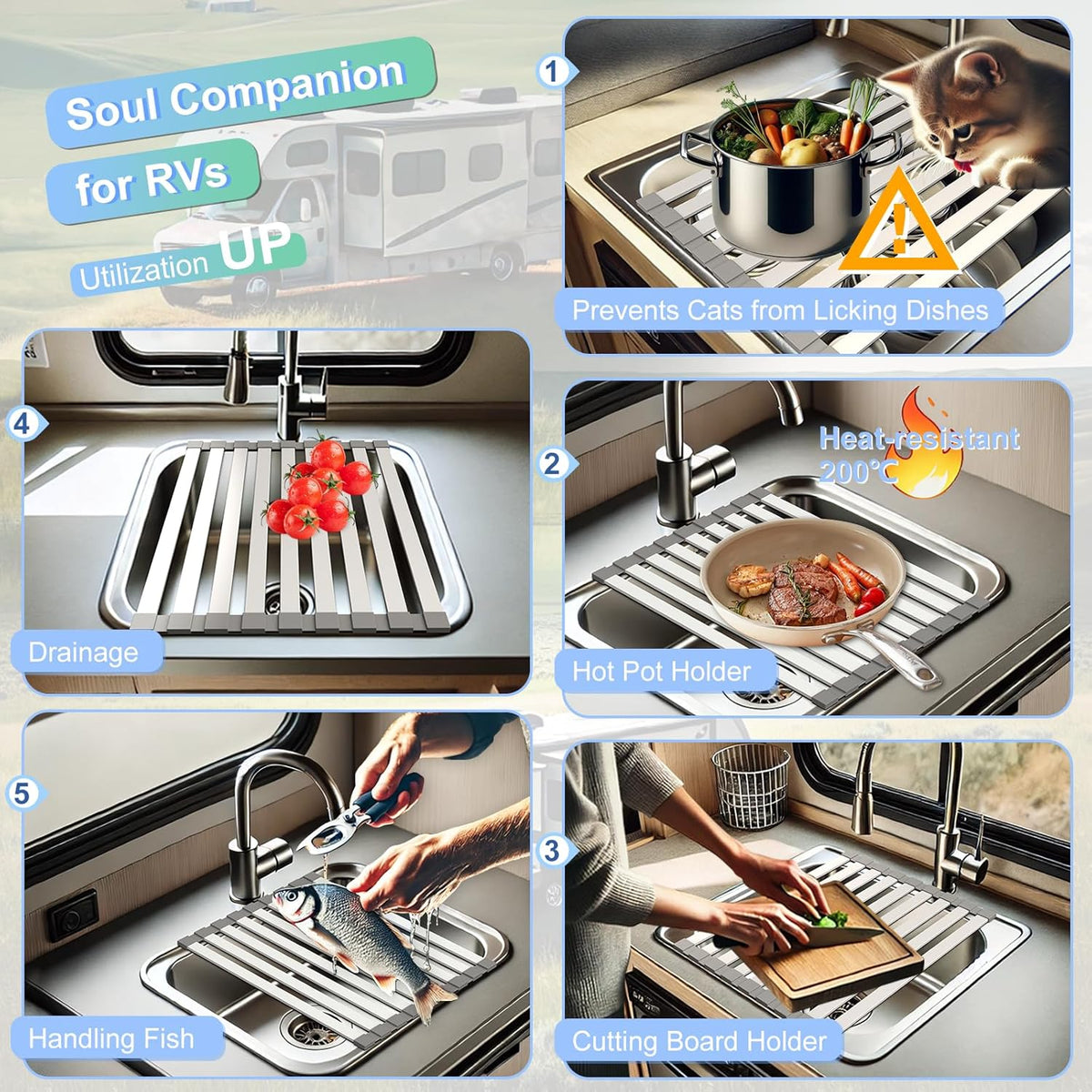 Mamakura Roll Up Dish Drying Rack Over The Sink，Multipurpose Foldable Sink Cutting Boards&Dish Rack for Kitchen,Aluminum Alloy Sink Rack Mat,21.85"x13.31",Grey