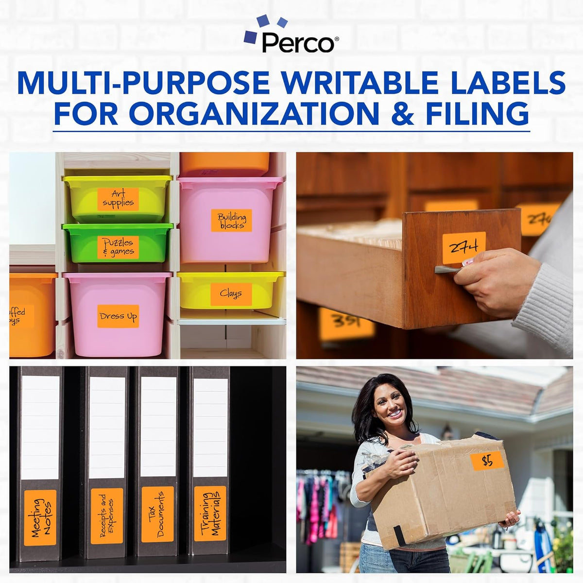 Perco Fluorescent Orange Labels 3x5 Inch 500 Stickers/Roll with Easy Peel Perforation and Strong Adhesion for Inventory Management, Color Coding, Moving Boxes, Retail, Organizing & Crafts–Made in USA
