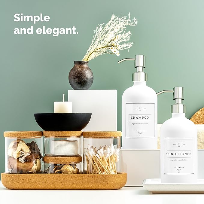 Vine Creations Glass Soap Dispenser, 2 Pack Kitchen Soap Dispenser Set with Ceramic Tray, Stainless Steel Pump, Dish Soap and Hand Soap Dispensers for Bathroom or Kitchen Decor with Waterproof Labels
