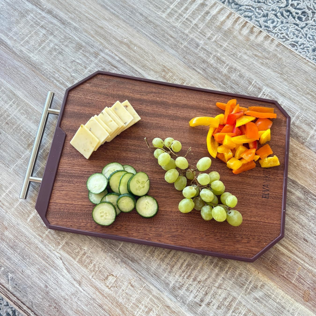 Large 2-Sided Cutting Board for Kitchen Meal Prep & Serving – Organic Wooden & Wheat Straw Chopping Board with Juice Groove, Handle | Dishwasher Safe Steak & Cheese Board | Ideal Gift for Couples