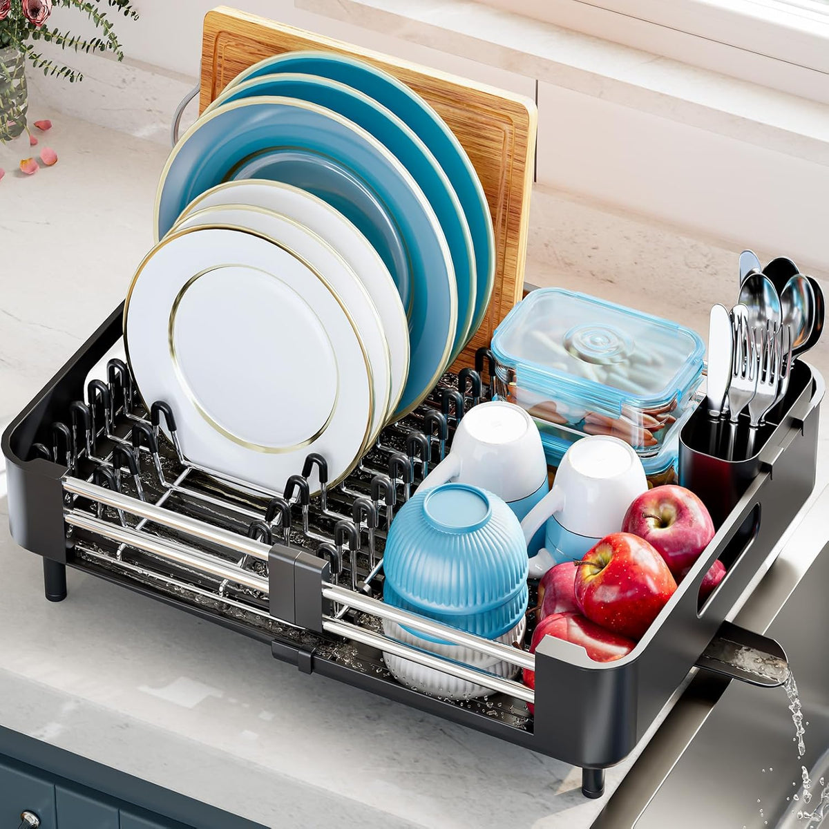 Stainless Steel Dish Drying Rack - Dish Drainer for Kitchen Counter, Extendable Drainboard with Foldable, Space-Saving Cup & Bowl Organizer, Includes Knife and Utensil Holder, Black