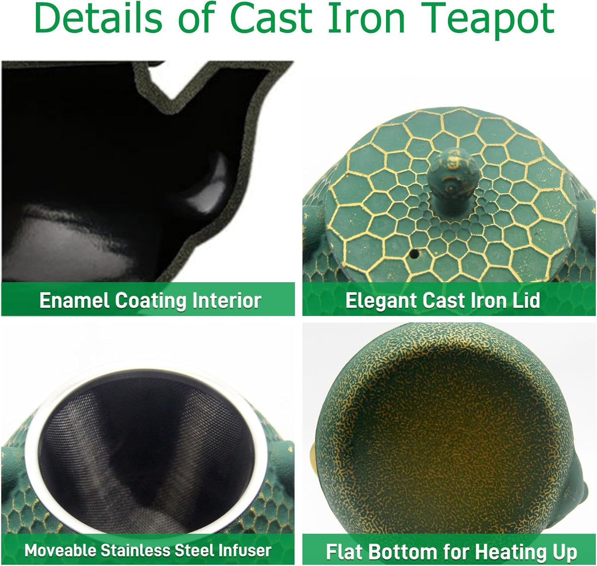 Cast Iron Tea Kettle Set, 33.8oz Hexagon Pattern Teapot Set with Cups and Cup Mats, Teapot Coated with Enameled Interior, Durable Cast Iron Teapot Set with Stainless Steel Infuser