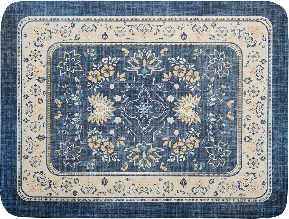 Blue Boho Dish Drying Mat for Kitchen Counter 18x24 Inch Fast Dry Drying Pad Vintage Floral Dish Drainer Rack Mats Coffee Bar Accessories