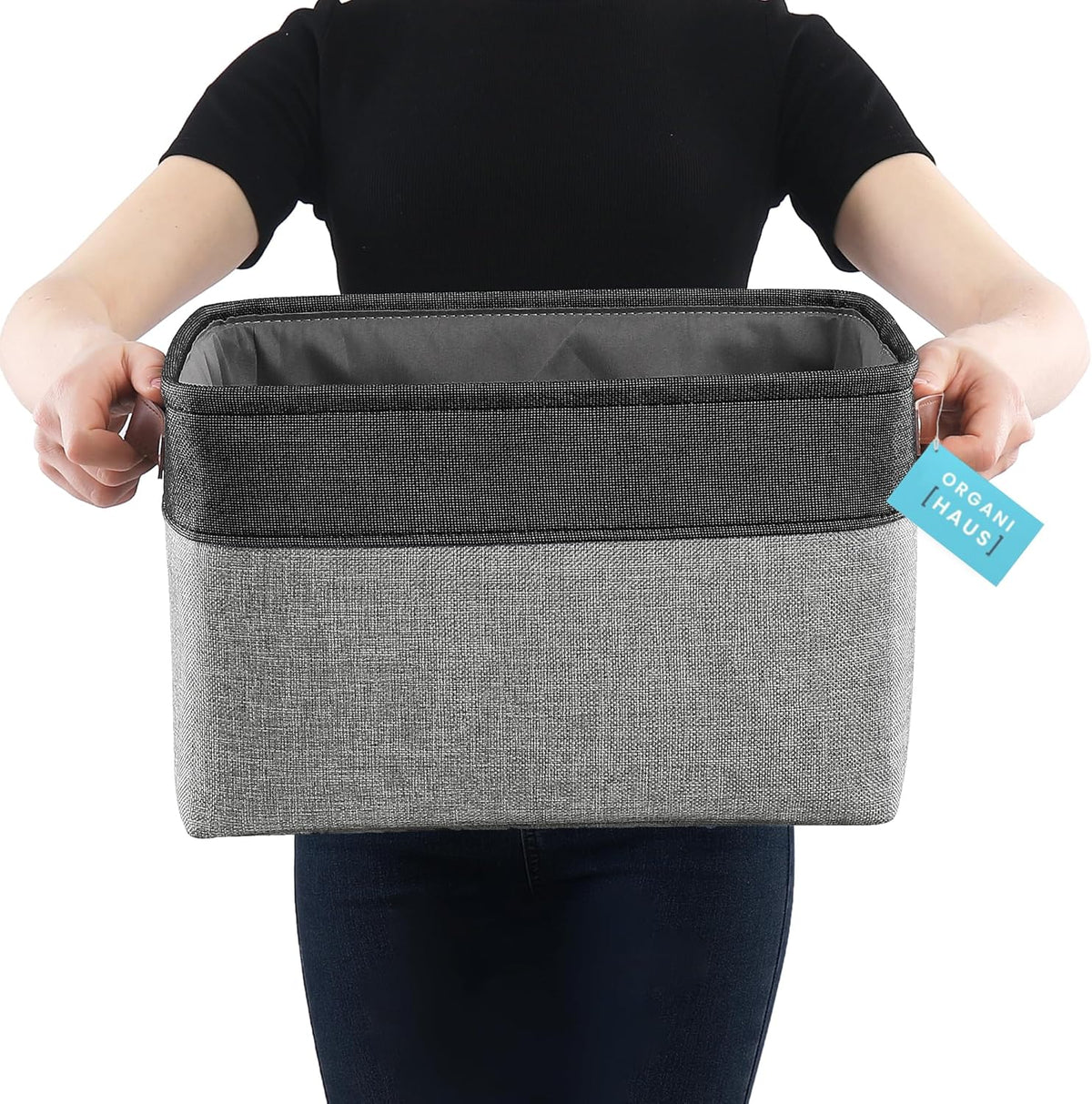OrganiHaus Large Fabric Storage Baskets for Shelves 3 Pack | 15x11in Closet Storage Bins for Shelves | Clothes Storage Bins for Organizing | Linen Closet Organizers | Fabric Basket, Gray/Black