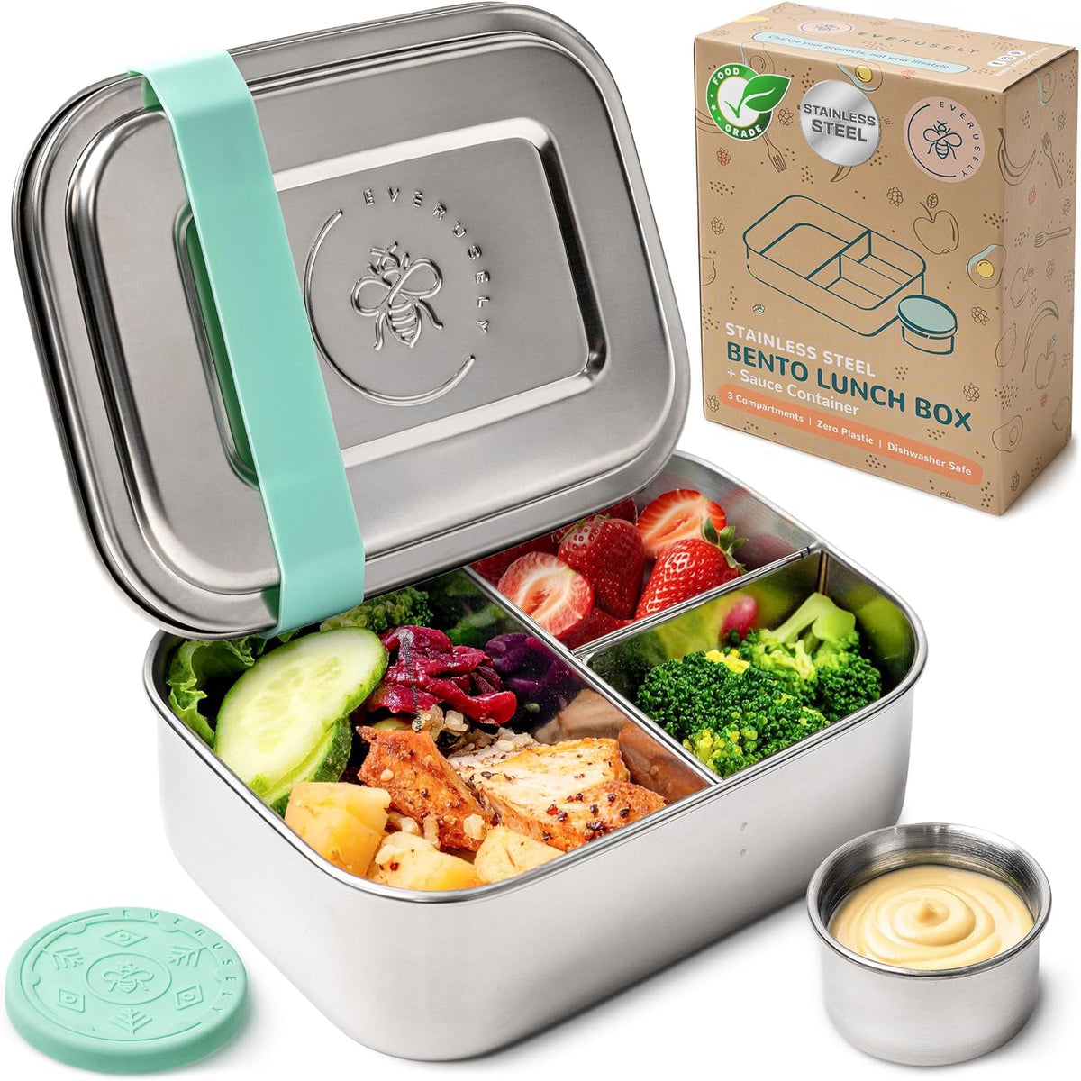 Everusely - Bento Box - Green, 27oz / 0.8 L - Stainless Steel Lunch Box with Leakproof Condiment Container - 3 Compartment Snack Organizer for On the Go Meals - Freezer & Dishwasher Safe