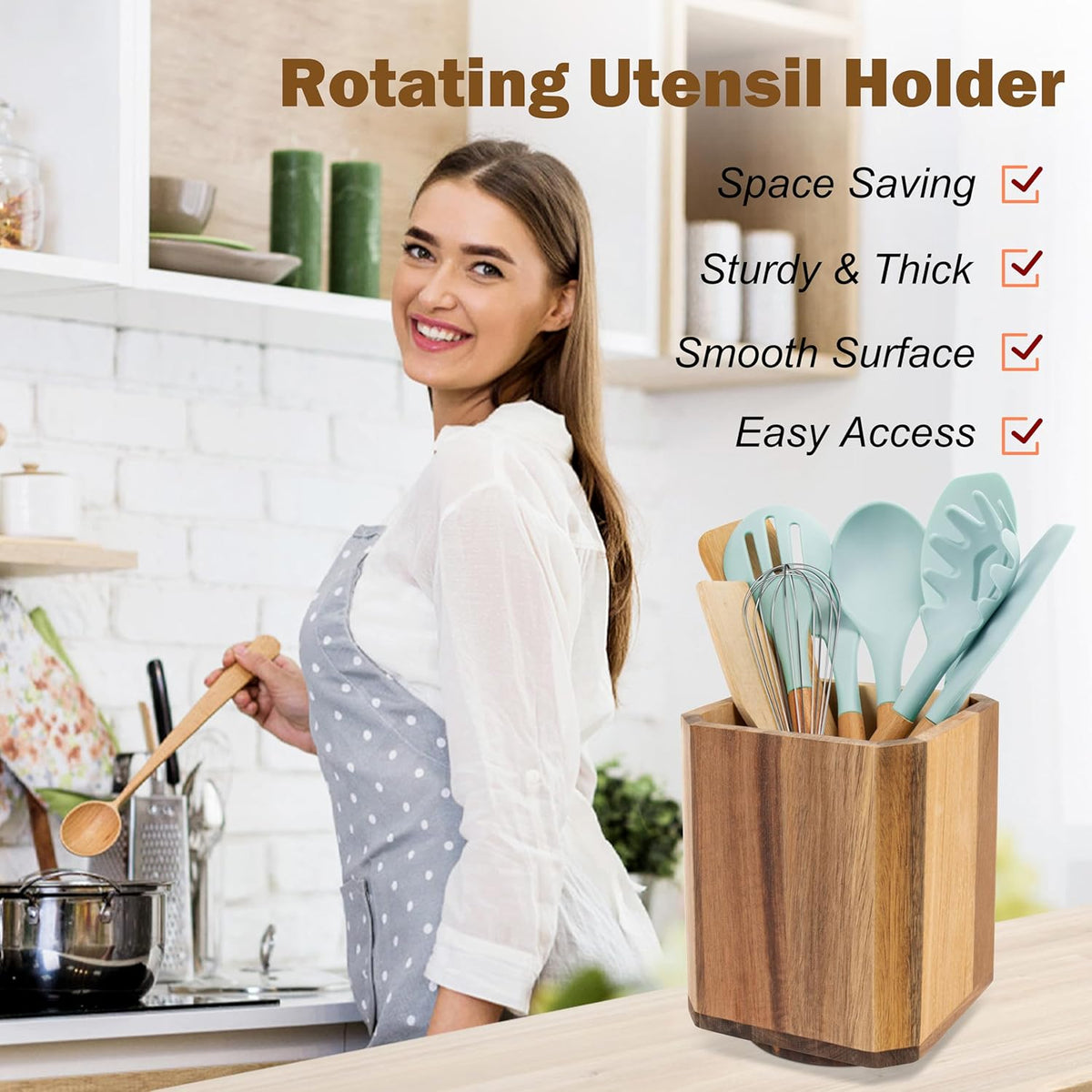RedCall Acacia Wood Utensil Holder, 360° Rotating Large Cooking Utensil Organizer, Kitchen Tool Storage for Countertop,Spoon Spatula Holder for Kitchen Counter,Farmhouse Decor (1 Pack)