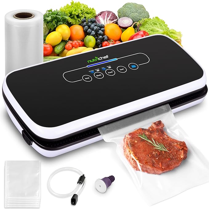 NutriChef Automatic Food Vacuum Sealer, Electric Air Sealing Preserver System for Dry and Moist Foods, LED Control, Strong Suction, Includes Bags, Wine Stopper Cork, and Air Suction Hose, 14”x6”x3”